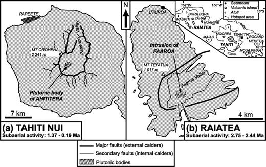 Sketch maps of Tahiti Nui (a) and Raiatea (b) showing the position of the plutonic bodies of Ahititera and Faaroa, respectively, within horseshoe-shaped calderas. Inset: location of Tahiti and Raiatea in the Society Archipelago.