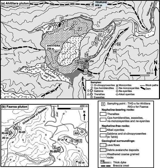Location of the studied samples. Four samples were collected during previous field trips [the Ahititera monzonite 37H: Bardintzeff et al. (1988) and the Faaroa gabbro RI-28, and theralites RI-85 and RI-86: Blais et al. (1997)]. Geological sketch maps of (a) the Ahititera plutonic body (Tahiti Nui) and its surroundings and (b) the Faaroa depression (Raiatea). Circled symbols are Raiatea samples.