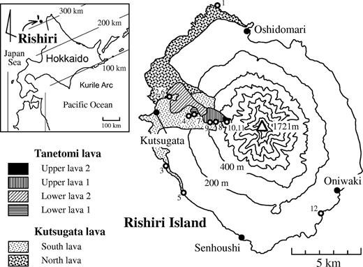 Inset map showing the location of Rishiri Island, and a geological map of the Kutsugata and Tanetomi lavas showing sampling localities (numbers in Table 1). Parallel lines in the inset map indicate the depth of the Wadati–Benioff zone beneath Hokkaido. The sampling locality of the crustal granodioritic rocks is also shown (number 12).