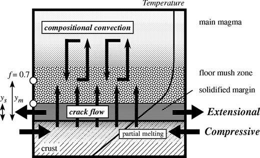 Schematic illustration of the lower part of a magma chamber, showing the inferred mechanisms of the AFC process in the magma chamber. ym and ys indicate the thickness of the region with a melt fraction of <0·7 and the thickness of the completely solidified region, respectively, in the magma chamber. Inferred stress fields for the solidified region of the magma chamber and the partially molten region of the crust are shown. A schematic temperature profile is also shown. (See text for details.)