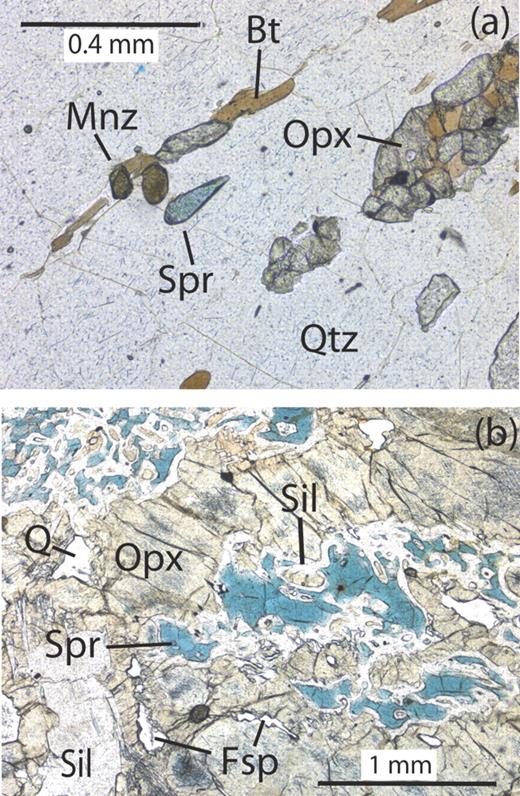 Photomicrographs in plane-polarized light. (a) Sample 2292M (Christmas Point) showing sapphirine containing 2100 ppm Be in direct contact with quartz. Mnz, monazite (modified from Grew et al., 2000). (b) Sample 10503 (Mount Pardoe) showing sapphirine containing 30 ppm Be separated by sillimanite from contact with orthopyroxene containing fine acicular rutile. Fsp, unspecified feldspar.