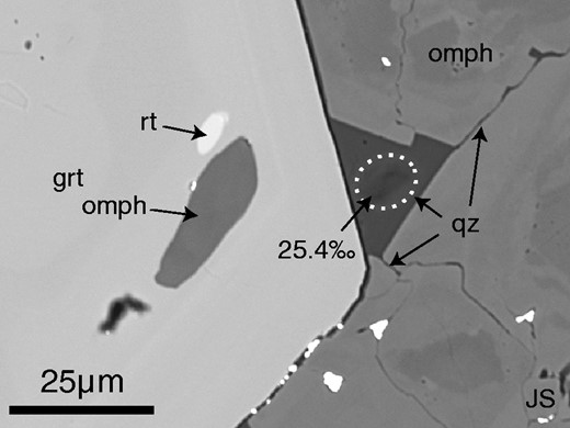 Low-contrast BSE image of texturally late, polygonal quartz and associated veins adjacent to garnet and omphacite in JS eclogite. Bright spots are remnant gold coating or rutile. The ion microprobe analysis in quartz is outlined in white dots and yields a δ18O of 25·4‰. The presence of a trace of high-δ18O quartz explains the bias in δ18O(WR) values (Fig. 7).
