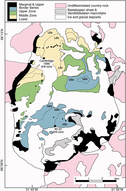  Simplified geological map of the Skaergaard Intrusion, after McBirney (1989) , showing the position of the two drill cores and the surface samples used to determine the stratigraphic variation of AR ( Fig. 3 a). 