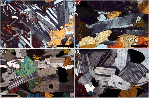  Photomicrographs (all under crossed polars) showing the shape of plagioclase as a function of height in the Skaergaard Layered Series. (a) Sample 118727 from the Cambridge drill core (104 m stratigraphic height. AR = 3·37). The prominent rim on the grain marked with an asterisk should be noted; rims of this kind are shown clearly in the QEMSCAN images in Fig. 14 . Scale bar is 1 mm long. (b) Sample 90‐22 555.5 from the 90‐22 drill core (2412 m stratigraphic height, AR = 2·12). The large grain in the centre of the image has been bent and deformed with the development of deformation twins. It is possible that the two grains immediately below it in the image (marked with asterisks) were also part of a single, now recrystallized, grain. Scale bar is 1 mm long. (c) Sample 458285 from the Tegner (2000) reference section (1517 m stratigraphic height, AR = 2·49). The grain in the centre of the image is very significantly bent and appears to be recrystallizing into three separate grains. Scale bar is 1 mm long. (d) Sample 90‐22 893.6 from the 90‐22 drill core (2121 m stratigraphic height, AR = 2·05), showing almost equant cumulus plagioclase grains. Scale bar is 1 mm long. 