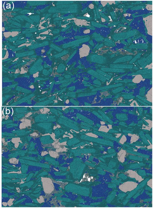  QEMSCAN images of (a) sample 320′ and (b) sample 317′ from the Cambridge drill core, with colours according to the Ca concentration. Olivine is grey and augite is bright blue. Low-Ca pyroxene (inverted pigeonite) is a mottled grey. Plagioclase grains are turquoise with dark rims. The cores of the plagioclase grains formed close to the magma–mush interface whereas the rims, of composition <An 61 , formed within the mush. It should be noted that the rims on the ends of the plagioclase laths are generally thicker in comparison with the rims on the sides of the laths in (a) compared with (b). Both images are 1 cm across. 