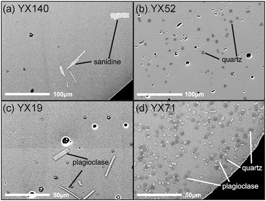 Back-scattered electron (BSE) images of experimental samples. (a) Sample YX140 from an experimental run at 990°C and 500 MPa for 280 h using starting material HYW3, leading to sanidine crystallization. (b) Sample YX52 from an experimental run at 1050°C and 500 MPa for 191 h using starting material HYS4, leading to quartz crystallization. (c) Sample YX19 from an experimental run at 990°C and 200 MPa for 168 h using starting material HYS3, leading to plagioclase crystallization. (d) Sample YX71 from an experimental run at 1020°C and 500 MPa for 216 h using starting material HYS24 leading to crystallization of both quartz and plagioclase. The images were edited digitally to increase the contrast for better visibility of the crystals.