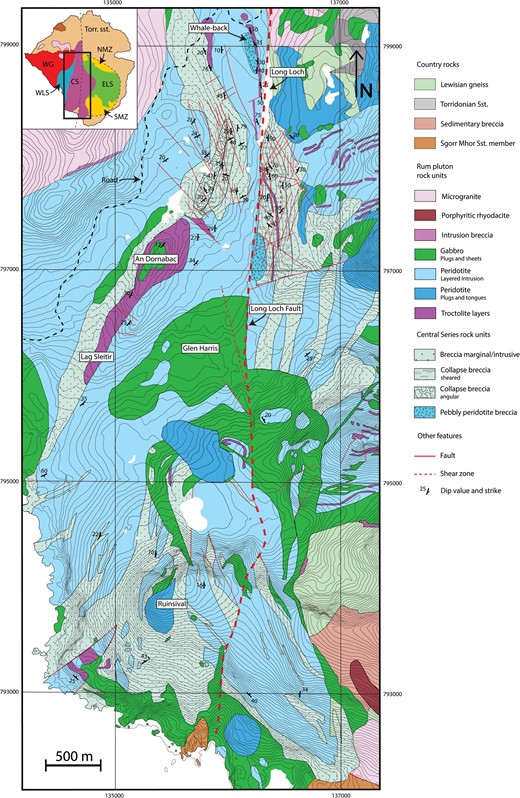 Geological map of the Central Series based on mapping of the Central Series by McClurg (1982), Volker (1983) and Emeleus (1997), and modified after Emeleus (2004) with added information on distinction of breccia types, and minor faults (Mattsson, 2014). Note that the intrusive breccia is located on the marginal zones of the Central Series, whereas closer towards the central Long Loch Fault collapse breccias are more common. Moreover, outcrops of ‘pebbly’ peridotite are found exclusively along the trace of the Long Loch Fault.