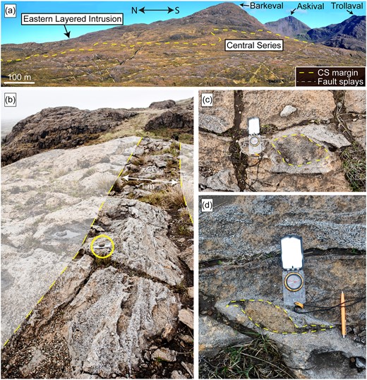 (a) The eastern portion of the Central Series viewed from west. Dashed white lines mark visible fault splays, while the yellow dashed line represents the approximate margin of the Eastern Layered Intrusion. This marginal zone is highly irregular, due to faulting and associated detachment of layered slabs from the Eastern Layered Series into the Central Series. (b) Example of an N–S oriented shear zone of feldspathic peridotite in the Central Series (≤1 m). Encircled scale-card is 15 cm long. (c) Deformed clast of troctolite in the shear zone shows alignment parallel to the strike of the shear zone. Compass for scale. (d) Sinusoidal peridotite clast in troctolite (grey) with deformed wings (brown with yellow dashed line). Compass for scale.