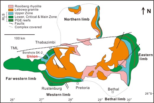 Simplified geological map of the Bushveld Complex, adapted from Maier et al. (2013). TML, Thabazimbi–Murchison lineament.