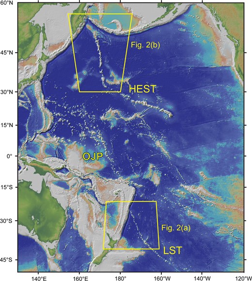 Map of the Pacific Ocean showing the location of the Hawaii–Emperor seamount trail (HEST), the Louisville seamount trail (LST) and the Ontong Java Plateau (OJP). The two boxes show the locations of Fig. 2a and b. Figure made with GeoMapApp (www.geomapapp.org).