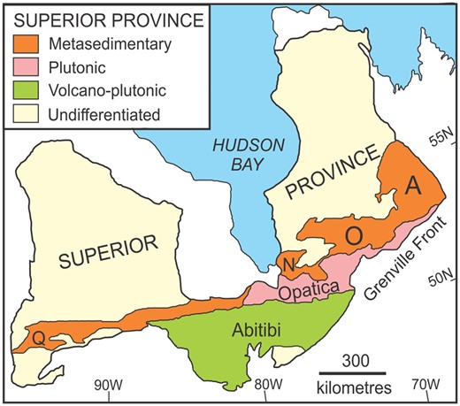 Simplified map of the Superior Province showing the location of the Ashuanipi (A), Opinaca (O), Nemiscau (N) and Quetico (Q) metasedimentary subprovinces.