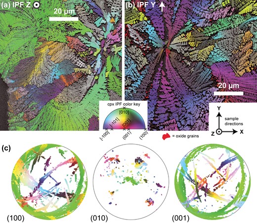 IPF color-coded EBSD maps of the orientation of branching Cpx, overlain (80% opacity) on grayscale image quality (IQ) maps. IPF color coding indicates for each pixel the crystal direction that is parallel to a fixed reference direction in sample coordinates, according to the IPF color key shown. The reference direction for (a) is the sample Z direction and for (b) the sample Y direction. The orientation of the sample directions is shown in the bottom right of (b). Oxide grains are plotted in bright red regardless of orientation. (c) Equal angle, antipodal, upper hemisphere (100), (010), and (001) pole figures of all Cpx points in map (a) (labeled). Points in all pole figures are color coded according to the IPF color of the corresponding EBSD pixel in (a).