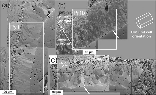 Forward Scatter Electron (FSE) images of corona segments corresponding to EBSD data sets (a) Py1, (b) Pr1b, and (c) Py2 showing the polycrystalline nature of the spinel layer, the presence of very fine grained equant spinel grains close to the initial corundum/basalt interface, and the different microstructures of the inner and outer spinel layer. Note the micrometer scale cusps and steps of the final spinel/corundum interface indicated by arrows. White line markers in (b) highlight the position of the initial interface between corundum and melt (dotted line), the inner corona (dash-dotted line) and the outer corona (dashed line). The black rectangle in (c) highlights a wedge-shaped, basalt filled gap in the spinel rim.