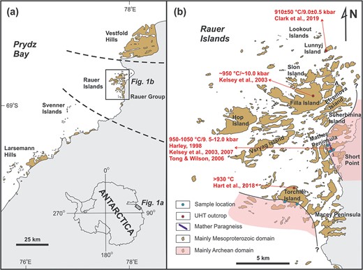 (a) Map of the northeastern Prydz Bay area, showing the distribution of the Rauer Group (modified after Harley & Kelly, 2007). (b) Map of the Rauer Group, showing the general distribution of the Archean crustal domain, the Mesoproterozoic crustal domain, and the Mather Paragneiss (modified after Harley & Kelly, 2007; Liu et al., 2021), together with the sampling localities of this study and the locations of known outcrops of UHT granulites from previous studies.