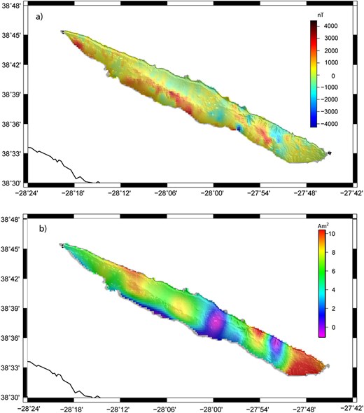 Magnetic survey of São Jorge Island: (a) panel shows the magnetic anomaly map; the largest negative anomalies (−2000 to −4000 nT) correspond to the São João and Lower Vimes outcrops on the eastern part of the Island and (b) represents the total magnetic field intensity map without removal of the present magnetic field.