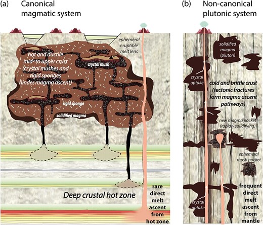 Reproduced from Coulthard Jr. et al. (2024). (a) A canonical transcrustal magmatic system, based on the deep crustal hot zone model of Annen et al. (2006) and the upper crustal magma-mush reservoir system of Miller (2016). In this largely supersolidus system, we can distinguish eruptible magmas with low (~0–5%) to intermediate (~5–15%) crystal contents from crystal mushes (~15–55%) set in a rigid sponge of >55% crystallinity (Hildreth, 2004). Note that fully solidified magmas (i.e., plutonic rocks) are restricted to the outer parts of this large upper crustal magmatic system. (b) A non-canonical transcrustal plutonic system, which lacks a deep crustal hot zone and is characterized by a brittle crust intruded by small ephemeral melt batches that rapidly cool through magmatic, mushy, and spongey states to solid plutonic rocks. These are the two conceptional endmember models of magma transfer through the crust discussed here. They govern (and are governed by) the crustal temperature structure, which in turn is ultimately related to the rate of magma influx into the crust from the melt generation region in the upper mantle.