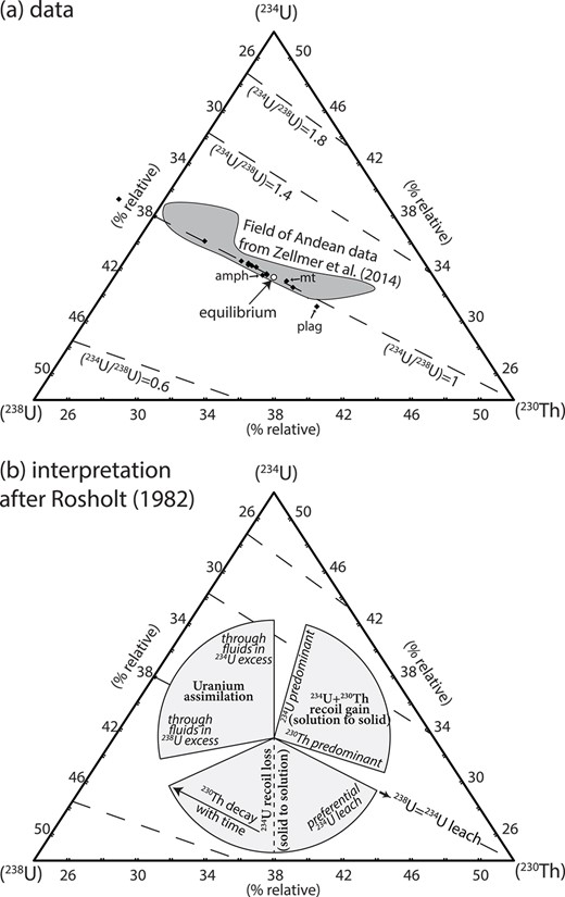 Triangular diagrams of the relative activity proportions of (238U), (234U) and (230Th), adapted from Zellmer et al. (2015b), fig. 7). (a) Tatun data, with uncertainties smaller than the symbol size. Amphibole, plagioclase and magnetite mineral separates from Mount Cising are indicated, as is the range of mineral separate data from some previously studied Andean lava flows (Zellmer et al., 2014a). (b) Interpretation of deviations from the point of equilibrium (Rosholt, 1982), see the text for the discussion.