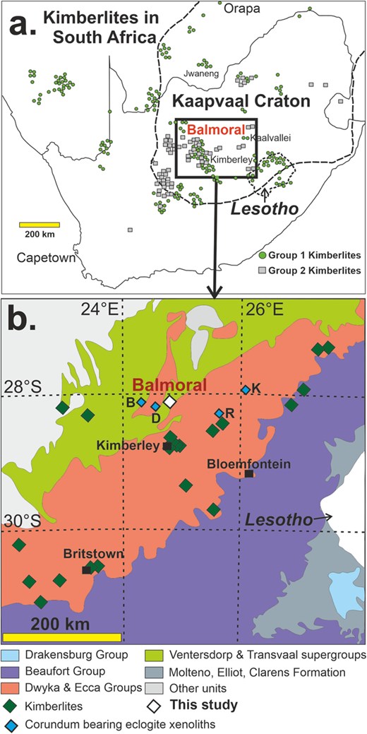 a. Geological map showing the locations of kimberlite and lamproite pipes in southern Africa, encompassing the Kaapvaal craton (adapted from Skinner, 1989). The Balmoral kimberlite is situated close to the Kimberley region of the Kaapvaal craton. b. An enlarged geological locality map of the area highlighted by the rectangle in a. details the various lithological units surrounding Balmoral (Hanson et al., 2009). Locations of previously studied corundum-bearing eclogite xenolith suites from the Kaapvaal craton, including Bellsbank (B), Doornkloof (D), Roberts Victor (R), and Kimberley (K) are indicated.