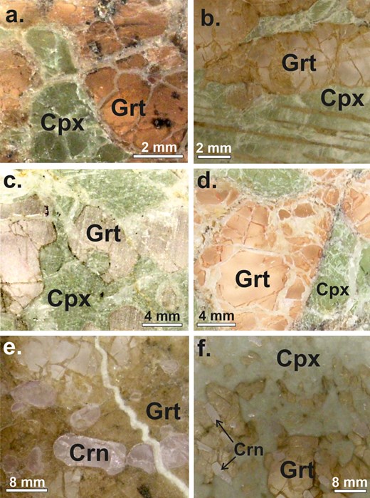 Plane-polarised photomicrographs of Balmoral eclogite xenoliths from the Kaapvaal craton. a. Bimineralic eclogite (sample 60) showing dark brown garnet interlocked with greyish green clinopyroxene. b. Bimineralic eclogite (sample 16) displaying garnet with linear to curvilinear grain boundaries, as well as lamellar garnet. c. Sample 38 showing alteration material surrounding pale pink garnet grains and altered pale green clinopyroxene. d. Sample 45 depicting micro-fractures in pale orange garnet and green clinopyroxene. e. Sample 81 showing elongated pink corundum grains with altered garnet. f. Sample 13 depicting altered clinopyroxene, comparatively less altered garnet, and irregular grains of corundum.