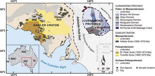 Simplified geological map of the Curnamona Province and the Gawler Craton after Hand et al. (2007); Fricke et al. (2010). WAC – West Australian Craton; NAC – North Australian Craton; SAC – South Australian Craton, TE – Tasman Element. A map indicating sample numbers is provided in Supplementary Information D.
