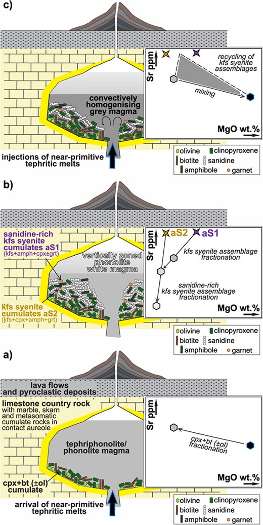 Schematic conceptual model (not to scale) for the assembly of the Vesuvius 79 AD magma reservoir, based on the model by Cioni et al. (1995). A simplified version of the Sr vs MgO diagram is reported on the right of each panel as exemplifying the changes in magma compositions during the various stages of the process. See text for full explanations.