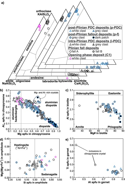 (a) Ab-Or-An classification diagram for feldspar crystals, (b) Altot vs. Mg for clinopyroxene crystals, (c) Al vs. Mg# for biotite crystals, (d) Mg/(Mg + Fe2+) vs. Si for amphibole crystals and (e) Ti vs. Al for garnet crystals from the investigated Vesuvius 79 AD juvenile samples.