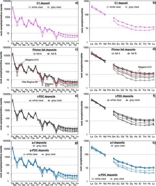 Primitive mantle-normalised (after Lyubetskaya & Korenaga, 2007) multielemental plots and chondrite-normalised (after King et al., 2020) Rare Earth Elements plots for the investigated Vesuvius 79 AD juvenile whole-rock samples from the (a) and (b) C1, (c) and (d) Plinian fall A and B (with two samples from the topmost fall A deposits highlighted), (e, f) i-PDC and (g, h) p-f and p-PDC units.
