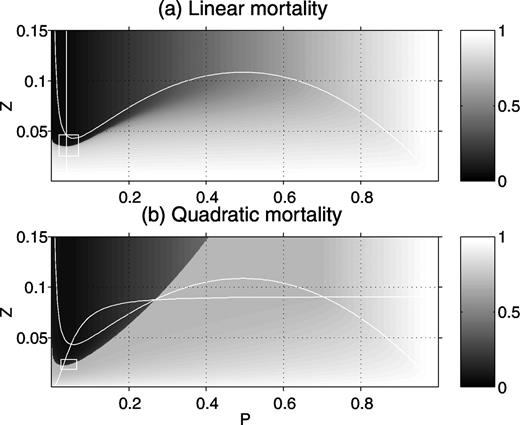 plankton patchiness and its effect on larger scale productivity excitability diagrams for the model used here the grey scale at each point of the