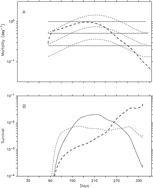 Impacts of temperature-adjusted constant mortality on survival in early stages of C. finmarchicus. Mortality in early stages (A) and survival (%) from egg to N3 (B). Lines: constant daily mortality rate in egg, N1–2 and N3; thin dashed lines: constant daily mortality rate in egg, N1–2, and N3 adjusted to temperature with Q10; bold dashed line: daily mortality in egg-N3 dependent to the abundance of female and phytoplankton biomass adjusted to variations in temperature with Q10.