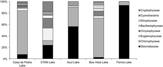 Phytoplankton community composition and relative densities in the studied lakes.