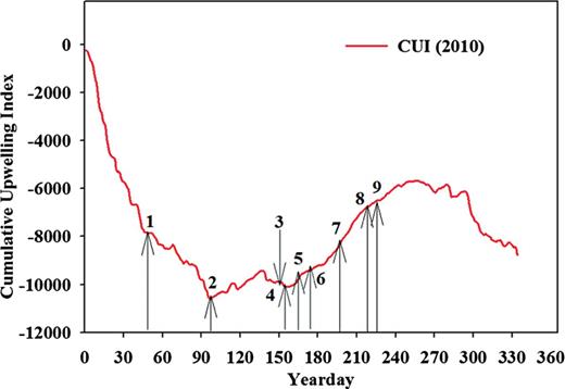 Cumulative upwelling index (CUI) at 45°N in 2010. Numbers indicate the timing of the nine feeding experiments.