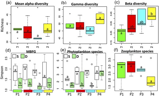 Boxplots of (a) mean alpha ($\overline{\alpha}$) and (b) gamma ($\gamma$) diversities, as well as (c) beta diversity ($\beta =\gamma /\overline{\alpha}-1$) by time period, for surface (S) and deep layer (D). Simpson diversity indices are calculated using (d) biomasses of the seven MBFG by period, (e) biomasses of phytoplankton species and (f) abundances of zooplankton species. Similar results are observed with Shannon and Eveness indices. Boxplots show the median, first and third quartiles, with minimum and maximum values at both ends. Boxes within each period that have different letters indicated are significantly different (P < 0.05).