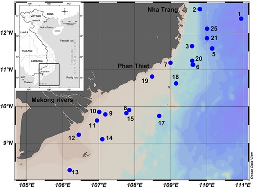 Maps showing Viet Nam with sampling area (rectangular, small map) and stations off the Vietnamese coast (largemap).
