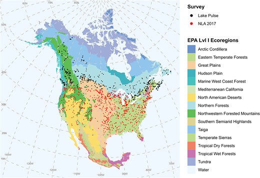 Map showing the locations of the lakes that were sampled during the NLA 2017 survey (1149 sites) and LP pan-Canadian lakes survey (640 sites) and for which nanophytoplankton community composition data were available. This map was created using the NAD83 spatial reference system.