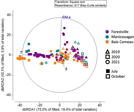 dbRDA of zooplankton community composition based on Bray–Curtis dissimilarity, correlated with three environmental parameters (temperature, salinity and Chl a). Colors represent sectors, symbols represent years, and full symbols correspond to July and empty symbols correspond to October.