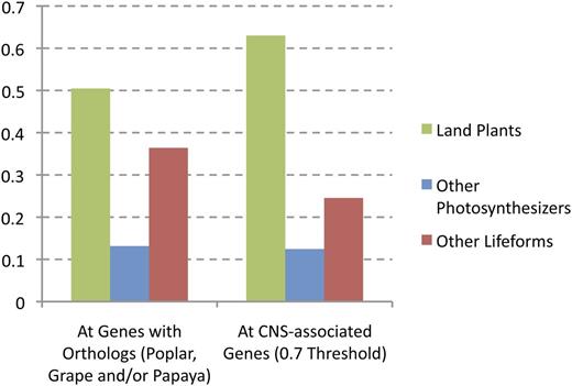 Genes Associated with CNSs Are More Likely to Be Land Plant Specific and Less Likely to Have Orthologs across Wider Taxonomic Distances.