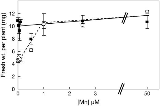 Mn concentration range for growth of eca3-2 mutants. Plants were grown on plates in 0.5× Murashige and Skoog* medium with increasing concentrations of Mn. Wild-type plants, Solid line and square symbols; eca3-2 mutants, dotted line and circles. Results represent the means ± se from three separate plates, each having six seedlings per genotype per plate.