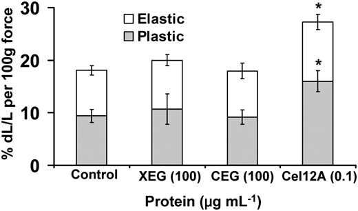 Alteration of wall compliance by family-12 enzyme treatment. Error bars show 95% confidence intervals (10 ≤ n ≤ 12). * P < 0.05 by Student’s two-tailed t test for difference from buffer control.