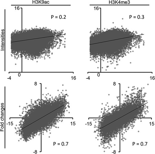 Correlation of H3K9ac or H3K4me3 signals and transcript levels for individual genes. Log2-transformed values of absolute signal intensities or fold changes between base and blade were plotted against each other. The values for H3K9ac and H3K4me3 are plotted on the y axes, and the values for transcription are plotted on the x axes. For absolute signal intensities, only the values from the tissue with the higher transcription are shown. P, Pearson correlation coefficient.