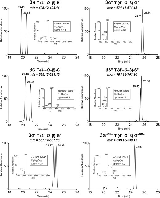 LC-MS of monolignol and acylated monolignol coupling products with tricin (dimers 3).