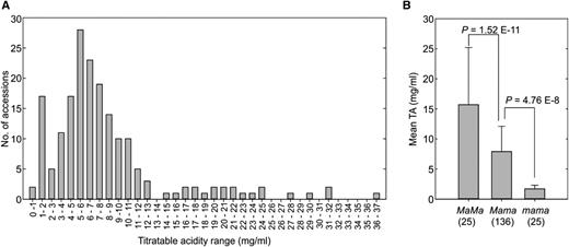 Fruit TA in 186 Malus accessions. A, Distribution of fruit TA assessed over three harvest seasons (2013–2015). B, One-way ANOVA of the Ma genetic effect on fruit TA in Malus accessions. The numbers in parentheses stand for the number of accessions in each genotype category. Data are means ± sd.