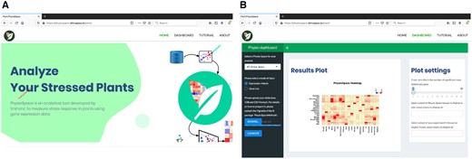 Plant PhysioSpace Web-application, with the address http://physiospace.shinyapps.io/plant/. A, Home page of the web-app. B, Results of a mock example analysis on the Plant PhysioSpace web-app.