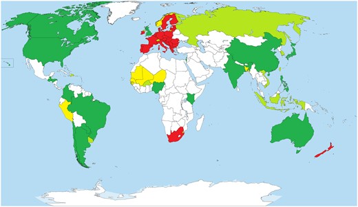 The regulatory landscape on a global schema. Color code: Dark green: legislation open toward GEd, light green: open legislation or positive statement being prepared, yellow: discussion ongoing with no decision yet. Red: strict GMO regulation for GEd products. White: no discussion on GEd or no information available.