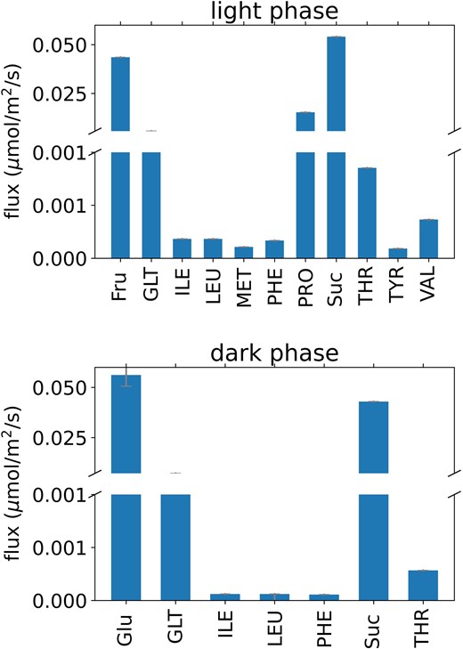 Predicted fluxes of metabolite transport via the apoplast between mesophyll and companion cells in the transcriptome-weighted model solution. Abbreviations are as in Fig. 2.