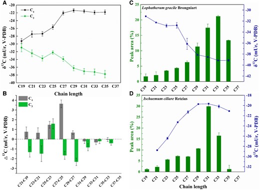 The observed contrasting leaf n-alkanes δ13C-versus-chain length profiles between the “averaged” C3 and C4 grasses. The y-axes in A and B) represent the arithmetic mean of δ13C for all individual species investigated, and the (stepwise) δ13C difference between two neighboring (C2n−1 and C2n+1) n-alkanes, δ2n+1ak−δ2n−1ak, respectively. The error bars represent mean ± Se (n = 14 for C3 grasses, n = 24 for C4 grasses). Juxtaposed are the profiles of two representative individual species (Lophatherum gracile Brongniart, a C3, C), and Ischaemum ciliare Retzius, a C4, D)). The even-carbon-numbered (ECN) n-alkanes, which are much lower in abundance than, and track the δ13C trend of their odd-carbon-numbered (OCN) homologs, are excluded here. The error bars represent mean ± Sd (n = 2).