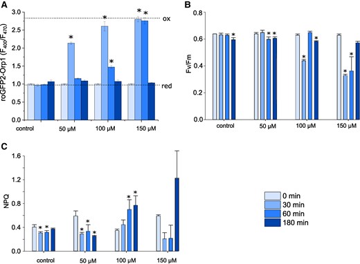 Effect of exogenous H2O2 on photophysiology. A) Cytosolic H2O2 levels measured in a plate reader assay using roGFP2-Orp1 after addition of different concentrations of H2O2 over a 3 h period. n = 3 biological replicates, mean values, error bars represent Sd. * = significantly different from the initial value for each treatment (P < 0.05, one-way ANOVA, Tukey post hoc). These statistical tests were applied to B and C also. Dotted lines indicate F400/F470 for fully oxidized (ox) and fully reduced (red) probes. B) Photosynthetic efficiency of photosystem II (Fv/Fm) in the same cells described in (A). n = 3 biological replicates, mean values, error bars represent Sd. C) Measurement of nonphotochemical quenching (NPQ) in the same cells described in (A). n = 3 biological replicates, mean values, error bars represent Sd.