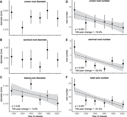 The relationship between year of cultivar release and root morphological traits for 6 different cultivars of winter wheat (T. aestivum L.). Panels A to C) show root diameter, and panels D to F) show number of root axes for different root types. Data points and error bars represent the mean ± CI95% across 2 years of field experiment (n = 27 to 32 plants). The dashed lines and the shaded areas represent the regression line ± CI95% (only shown if significant, P < 0.05). Statistical significance was assessed using linear mixed models. Data were log-transformed prior to model fitting and back-transformed for visualization.