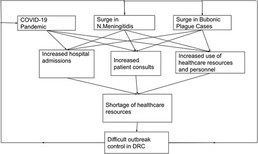 Impact of bubonic plague and meningitis outbreaks amidst the COVID-19 pandemic on healthcare provision in DRC. Original figure drawn by the authors. DRC, Democratic Republic of Congo.
