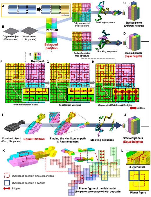 The tree stacking algorithm with balanced partition. A) Rather than stripified panels corresponding to a Hamiltonian path, the tree-path structure reduces cumulative folding errors for nonzero thick panels and provides better load-bearing capabilities for practical application. B) For a given plane sheet structure approximated with 12 × 12 square meshes, our tree-stacking algorithm partitions the graph on it using the Fiduccia–Mattheyses algorithm. C) However, the Fiduccia–Mattheyses algorithm does not guarantee an equal number of panels in each partition and results in nonuniform heights of piles in the zygote structure. D) To obtain the zygote structure in which all piles have the same heights for maximized pluripotency and deployability (i.e. volume expandability), we simply repeated this partition process until it generated a uniformly balanced partition. E) Each partition is stacked into a single pile, and each pile is connected with one of its adjacent piles to construct a fully connected tree-path. For this process, we set a hypergraph that determines the placement and connection between piles on a 2D grid. F) Then, we find a Hamiltonian path on each partition. The number on panels shows the sequence of each panel in the Hamiltonian path (corresponding to the height in the stacked configuration), i.e. the numbers on the panels indicate the sequence of vertices vx, i.e. a panel having number X corresponds to the xth node in Pi. G) The Hamiltonian paths are adjusted to make a bridge that can connect two neighboring piles in both unfolded 3D and stacked configuration (Hamiltonian path on partition B is adjusted and the 11th to 14th panels in A and B partitions become neighbors in both 3D and stacked configuration). They are connectable with hinges called bridges. H) Finally, the geometric matching process checks potential panels having double hinges on a single side caused by the bridge and locally adjusts it to a valid connection path (see Figs. S4 and S5 for further description). I) When we apply this process for the 3D fish model having the same number of panels (144 panels), (J) it generates the same zygote structure, which implies that a zygote structure can deploy in both the plane sheet structure or the fish structure just by controlling their connection path. (Movie S2 shows the tree stacking sequence). In our tree-stacking algorithm, we allow the overlapping of its unfolded figure. Both overlapped panels (K) between different partitions or (L) in a partition can be seen in the flattened configuration of the tree-path.