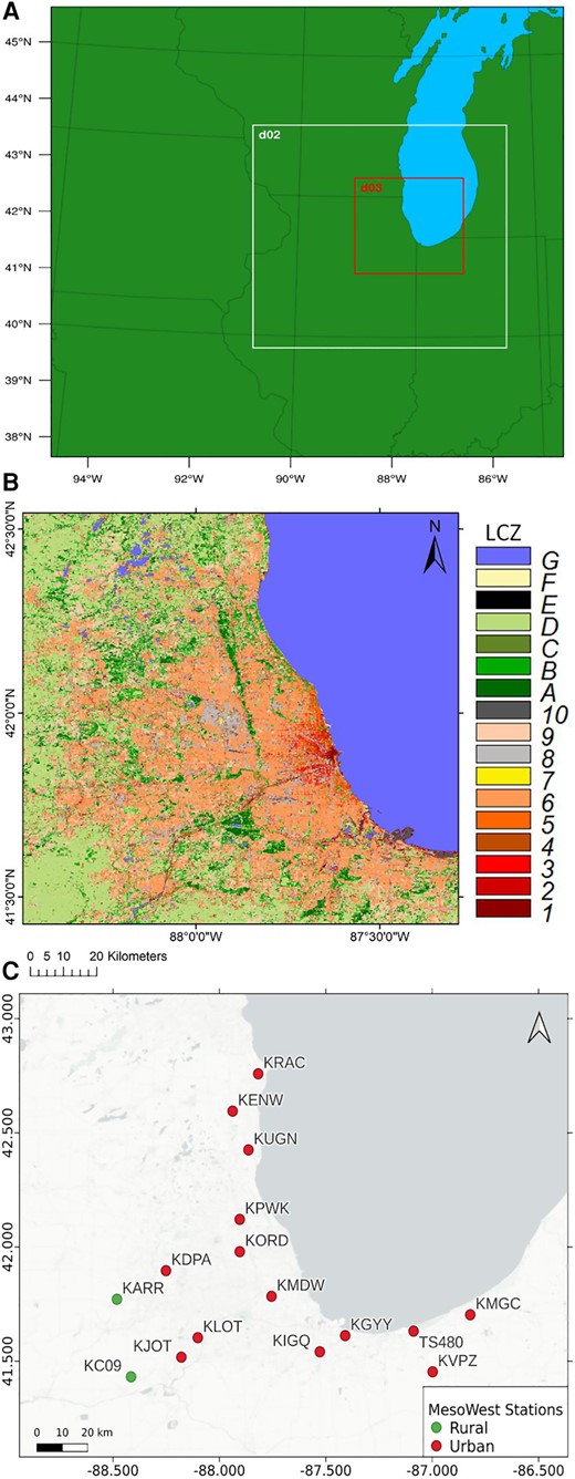 (A) WRF domain configuration. (B) Local Climate Zone map for Chicago, USA. (C) Location of Mesowest observation over rural and urban regions.